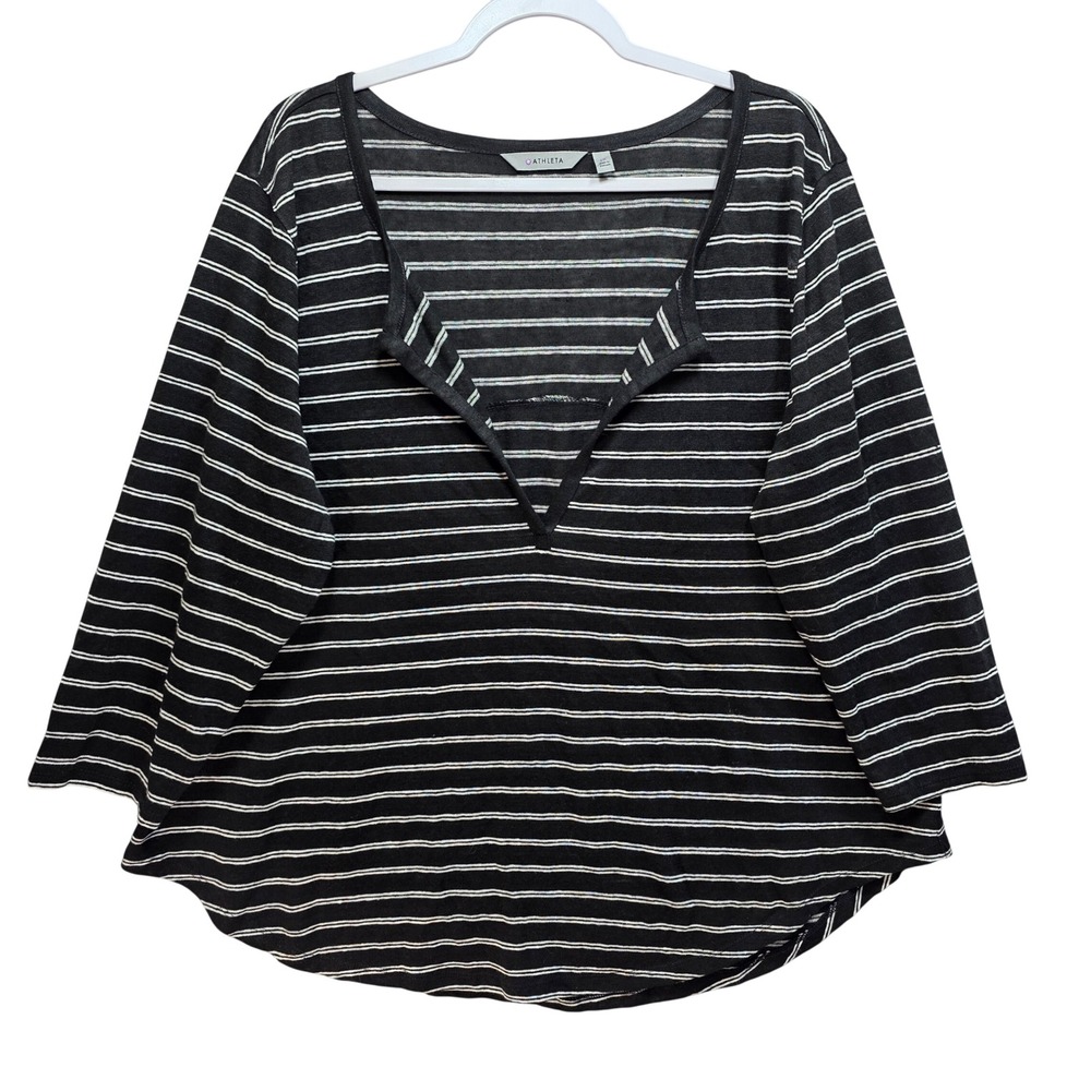 Athleta All Linen Striped Tunic Top Women 1X 3 Qtr Sleeve Black White Boxy Loose